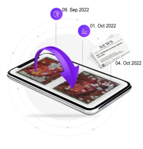 A tablet displaying thermal satellite imagery of an industrial area, with a large purple arrow emphasizing the analysis process. Surrounding icons represent AI-driven insights, production analytics, and news data integration. A newspaper headline mentions the closure of a steel plant in Bremen.