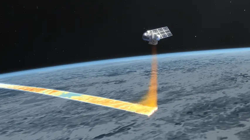 A satellite in orbit capturing thermal infrared data from Earth's surface, with a visible beam of infrared light extending downward, mapping the landscape below.