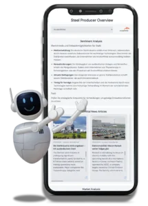 A smartphone displaying a steel producer overview with sentiment analysis and news articles related to ArcelorMittal. A friendly robot character points to the screen, highlighting the data insights.