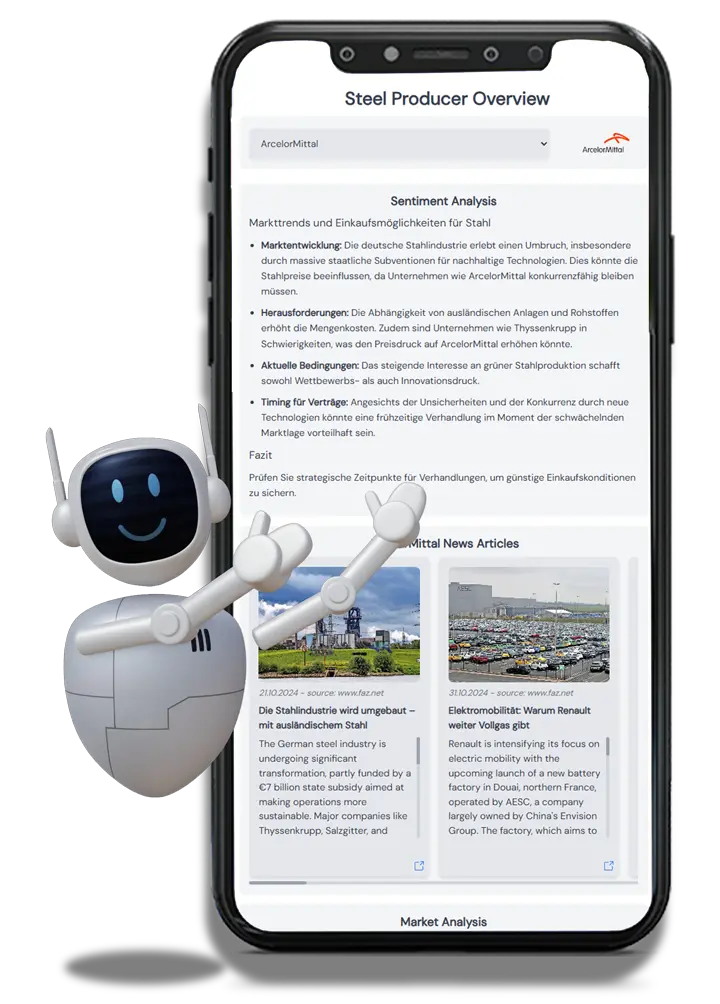 A smartphone displaying a steel producer overview with sentiment analysis and news articles related to ArcelorMittal. A friendly robot character points to the screen, highlighting the data insights.