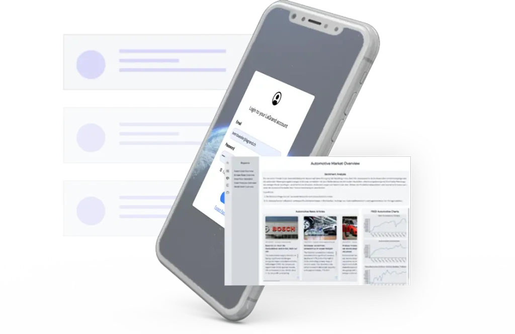 A smartphone displaying a login screen for the LaGrand web application with an interface for email and password entry. In the background, there are blurred document icons and a dashboard showing automotive market analysis with sentiment analysis, automotive news, and FRED charts.