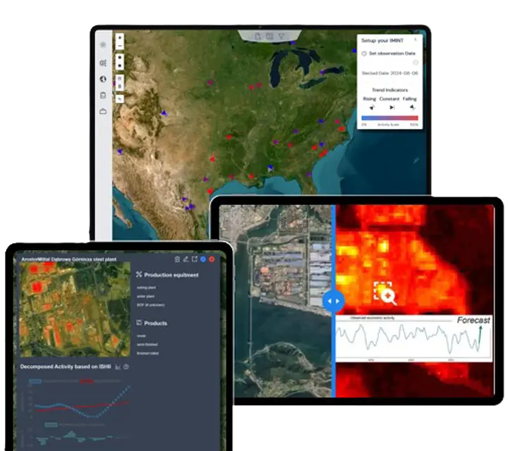 Three tablet screens showing different pages of the LaGrand web application. One displays a U.S. map with industrial monitoring locations, another shows satellite thermal imagery with activity forecasts, and the third presents decomposed activity data and production metrics for a steel plant.