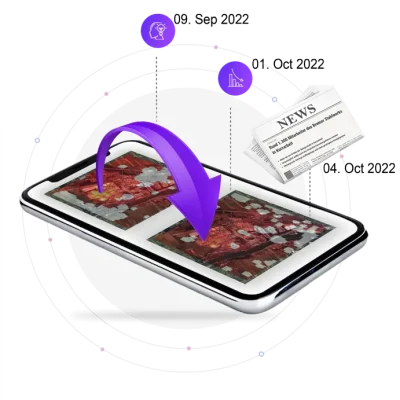 A tablet displaying thermal satellite imagery of an industrial area, with a large purple arrow emphasizing the analysis process. Surrounding icons represent AI-driven insights, production analytics, and news data integration. A newspaper headline mentions the closure of a steel plant in Bremen.